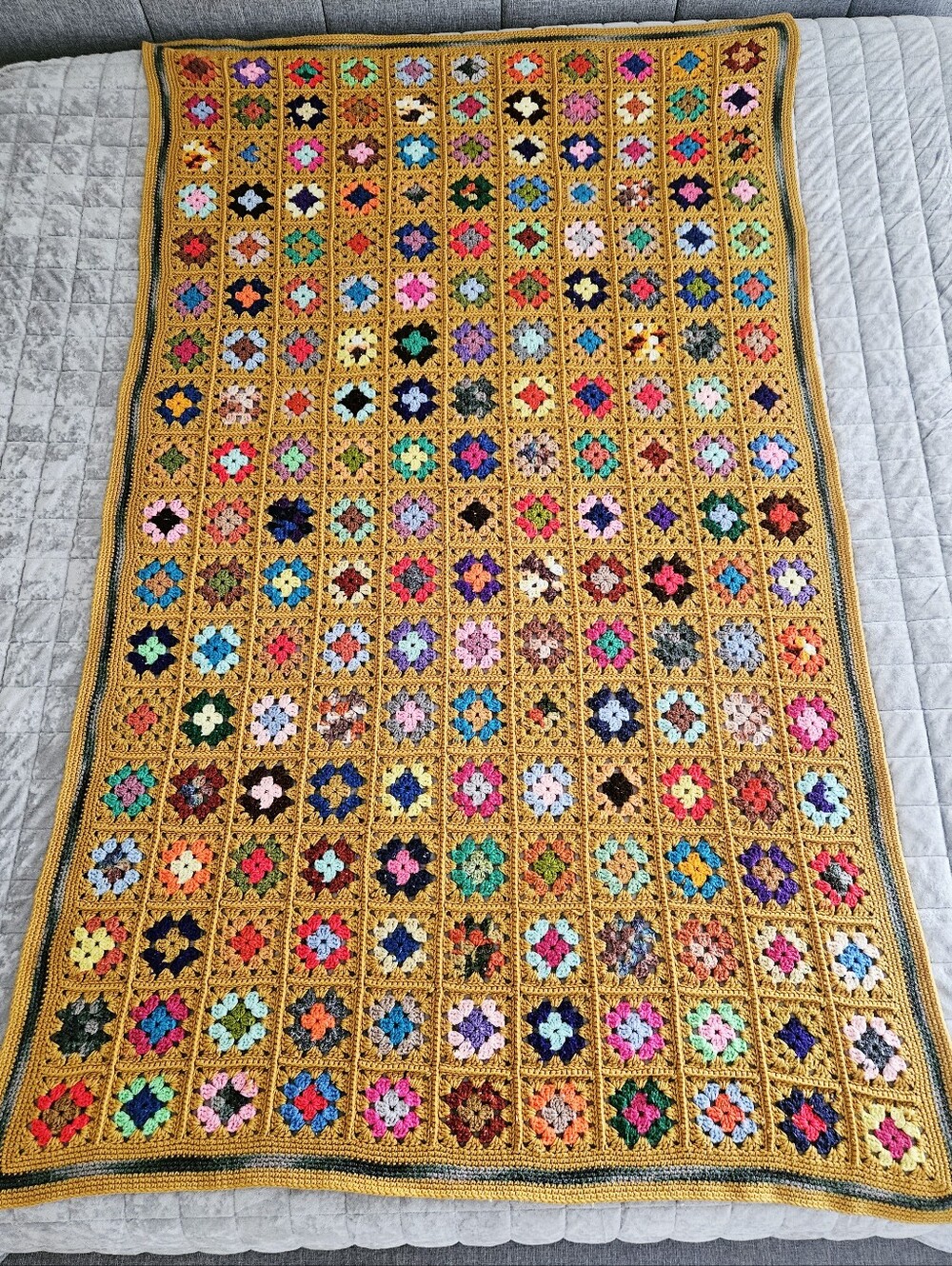 Vintage Handmade Crochet Granny Square Afghan Blanket Mustard Multicolor